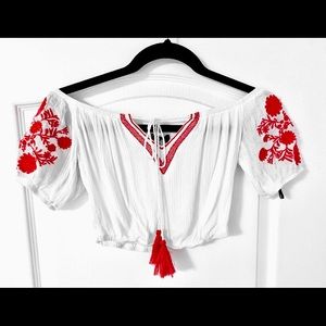 Size S | Forever 21 white off shoulder crop top with red tassels